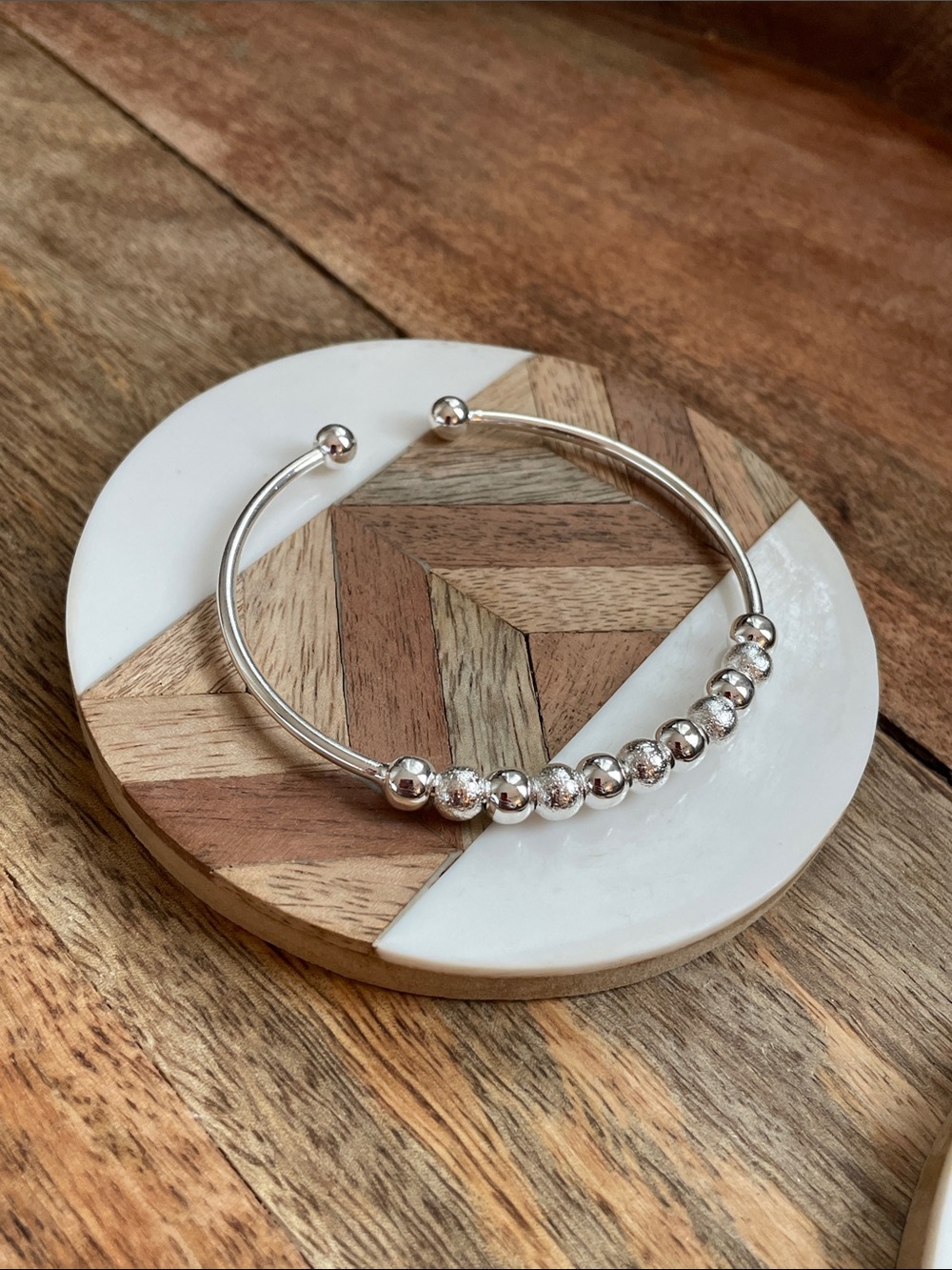 Sterling Silver Beaded Open Cuff Bracelet - Polished Silver